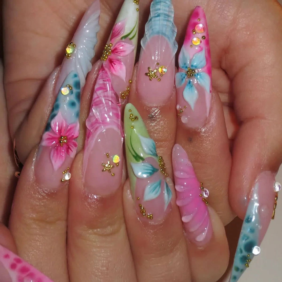 Acrylic Nail Extensions 3D Floral Lightweight & Durable