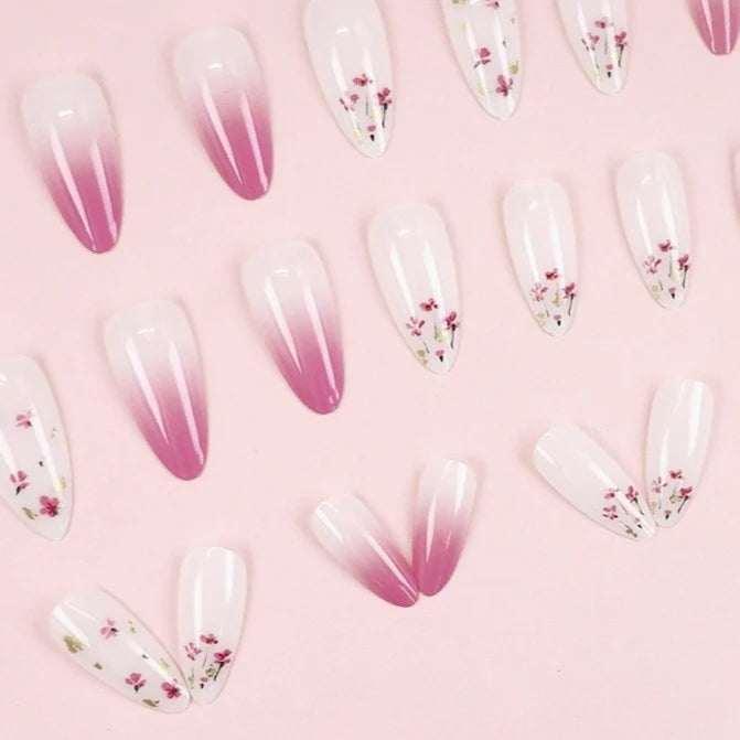 Acrylic Nail Extensions Almond Shape Floral Glitter