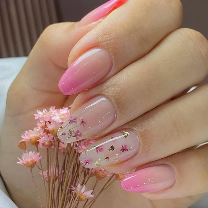 Acrylic Nail Extensions Almond Shape Floral Glitter
