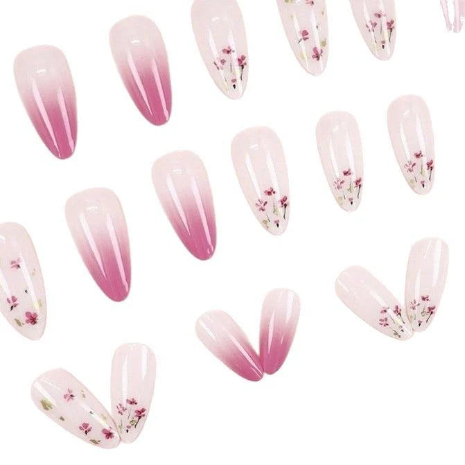 Acrylic Nail Extensions Almond Shape Floral Glitter