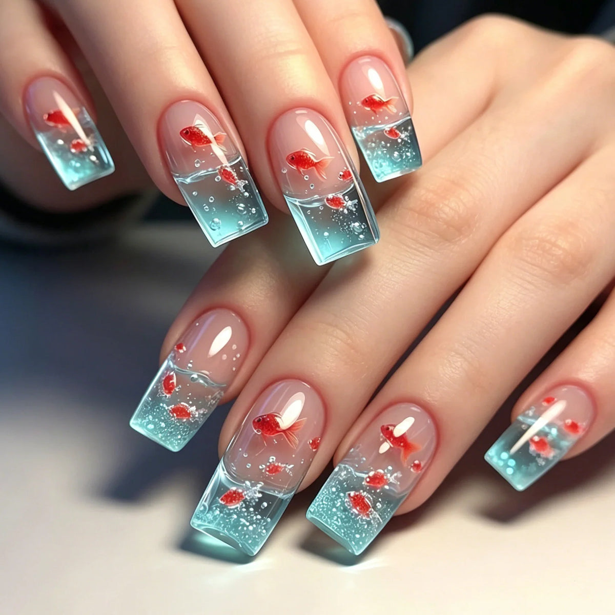 Acrylic Nail Extensions Aqua Goldfish Design Set of 24