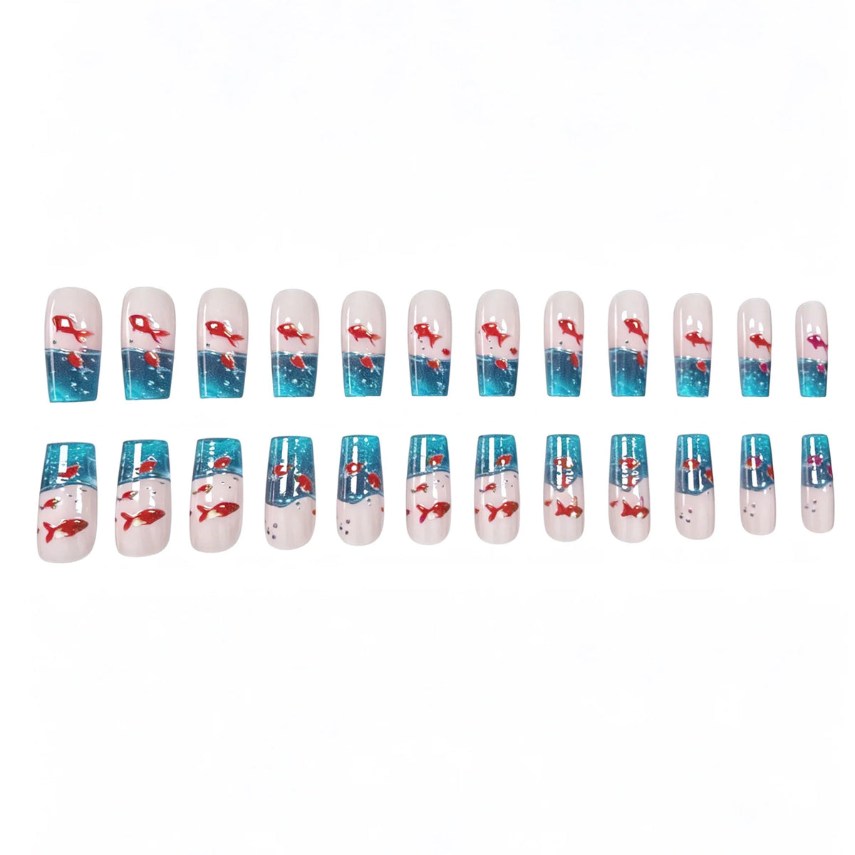 Acrylic Nail Extensions Aqua Goldfish Design Set of 24