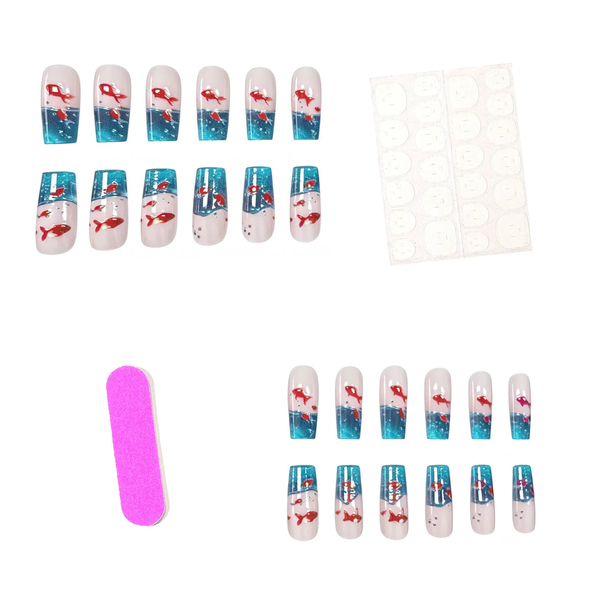 Acrylic Nail Extensions Aqua Goldfish Design Set of 24