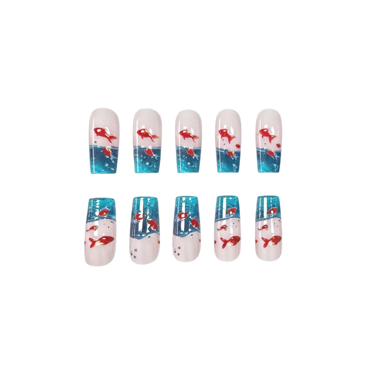 Acrylic Nail Extensions Aqua Goldfish Design Set of 24