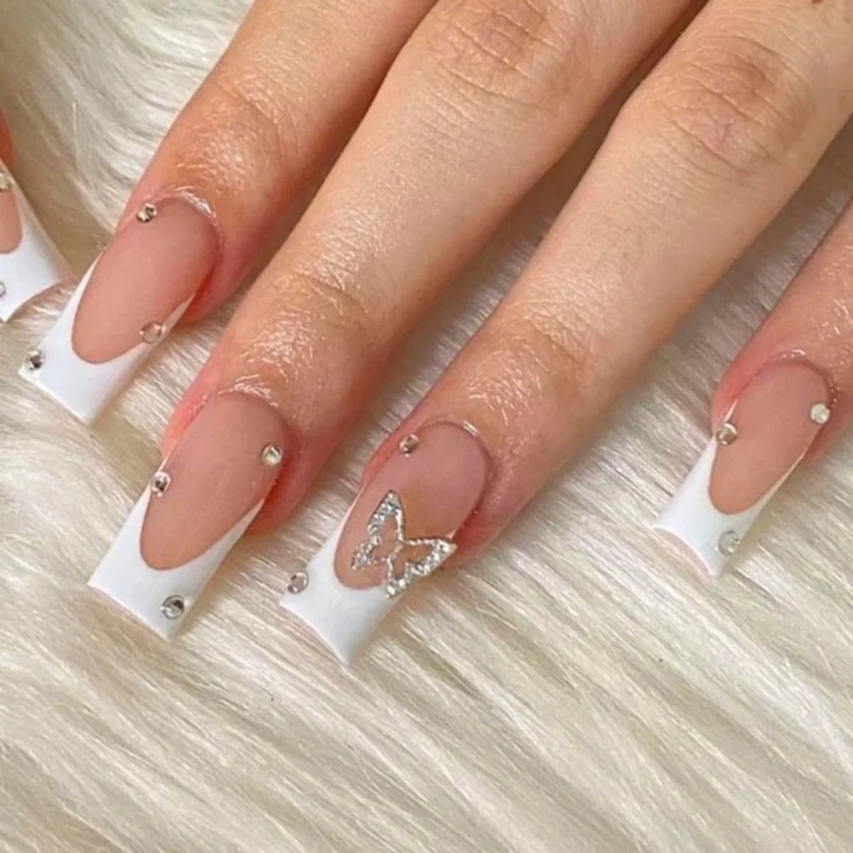 Acrylic Nail Extensions Butterfly Design & Rhinestones