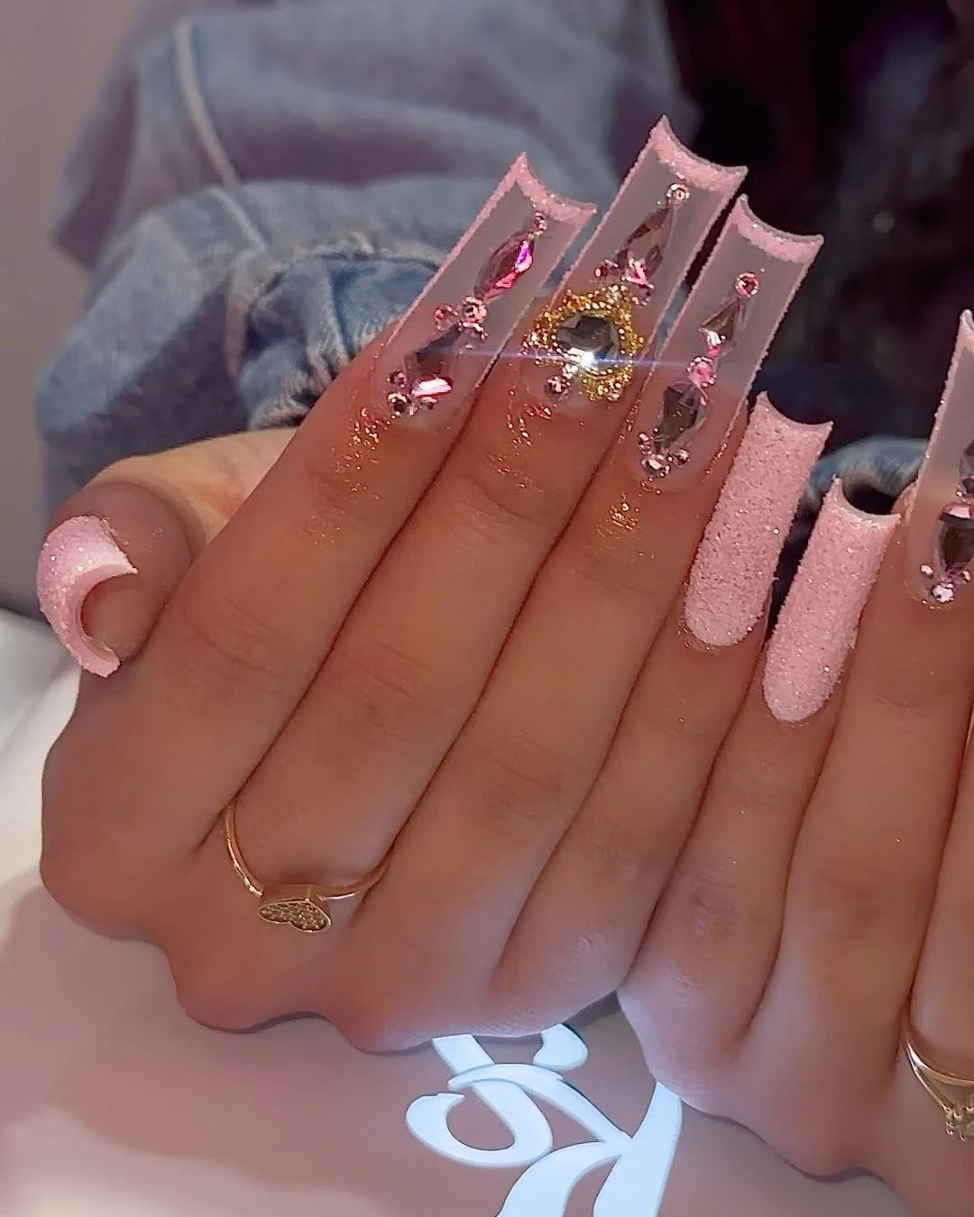 Acrylic Nail Extensions Butterfly Design & Rhinestones