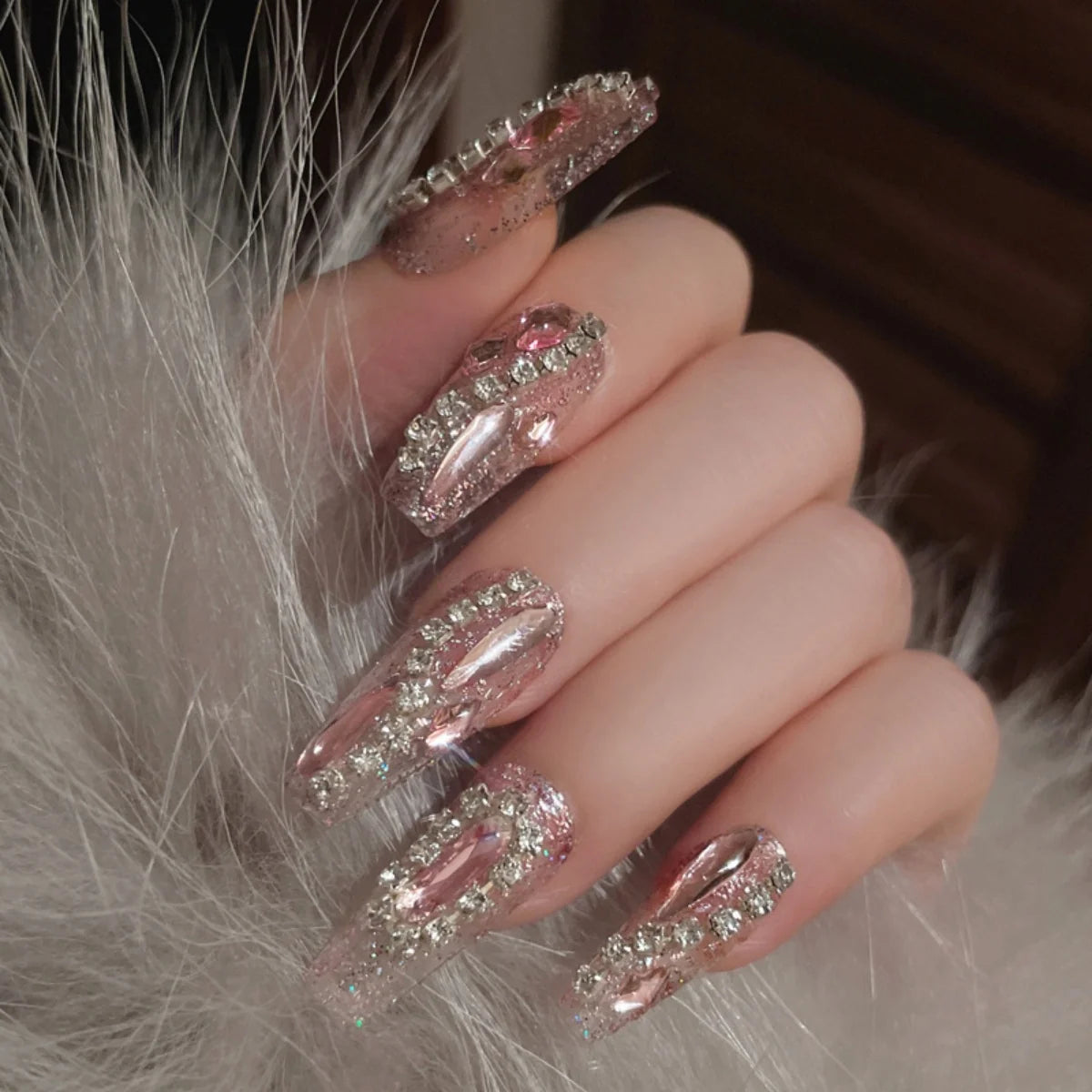 Acrylic Nail Extensions Butterfly Design & Rhinestones