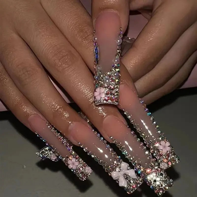 Acrylic Nail Extensions Butterfly Design & Rhinestones