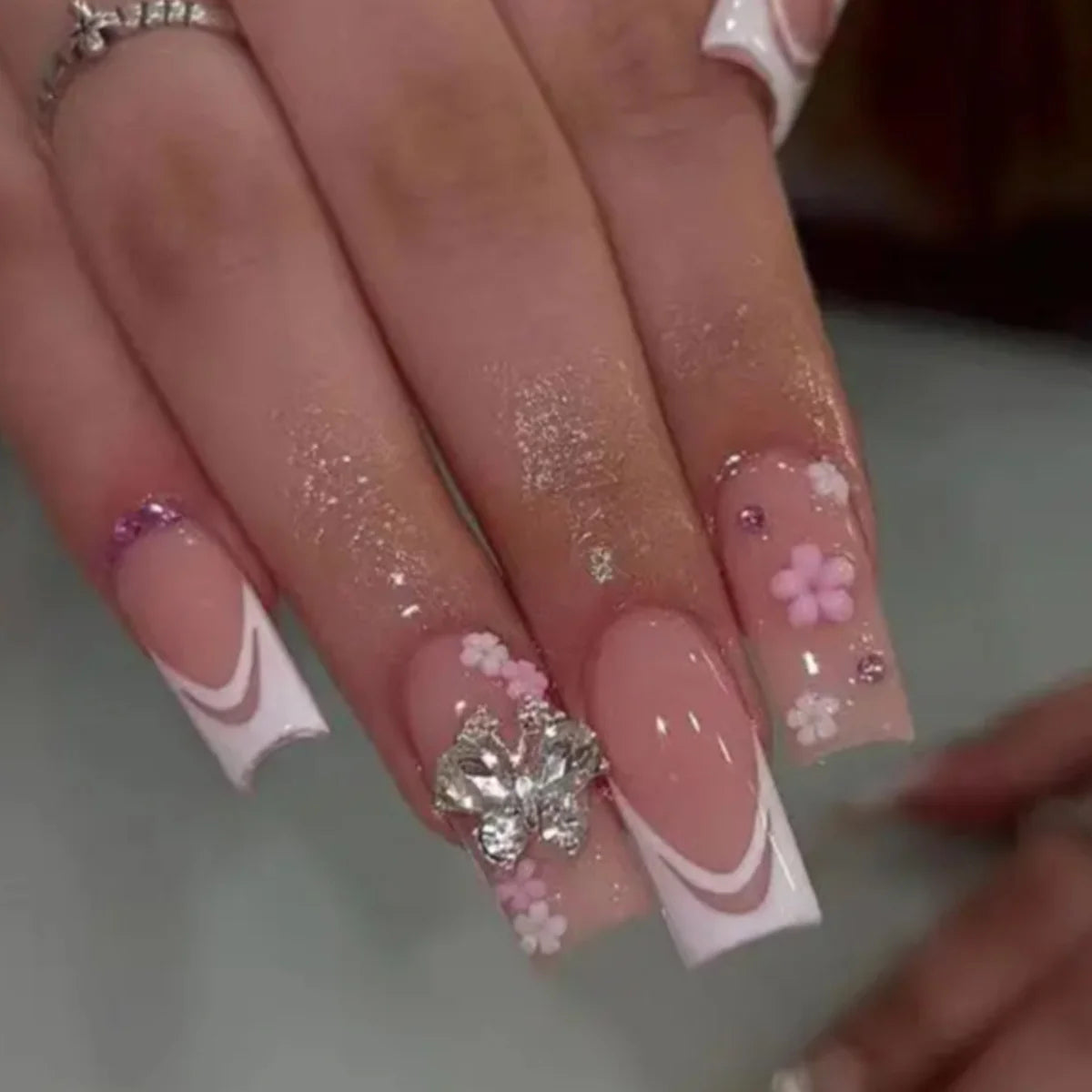 Acrylic Nail Extensions Butterfly Design & Rhinestones