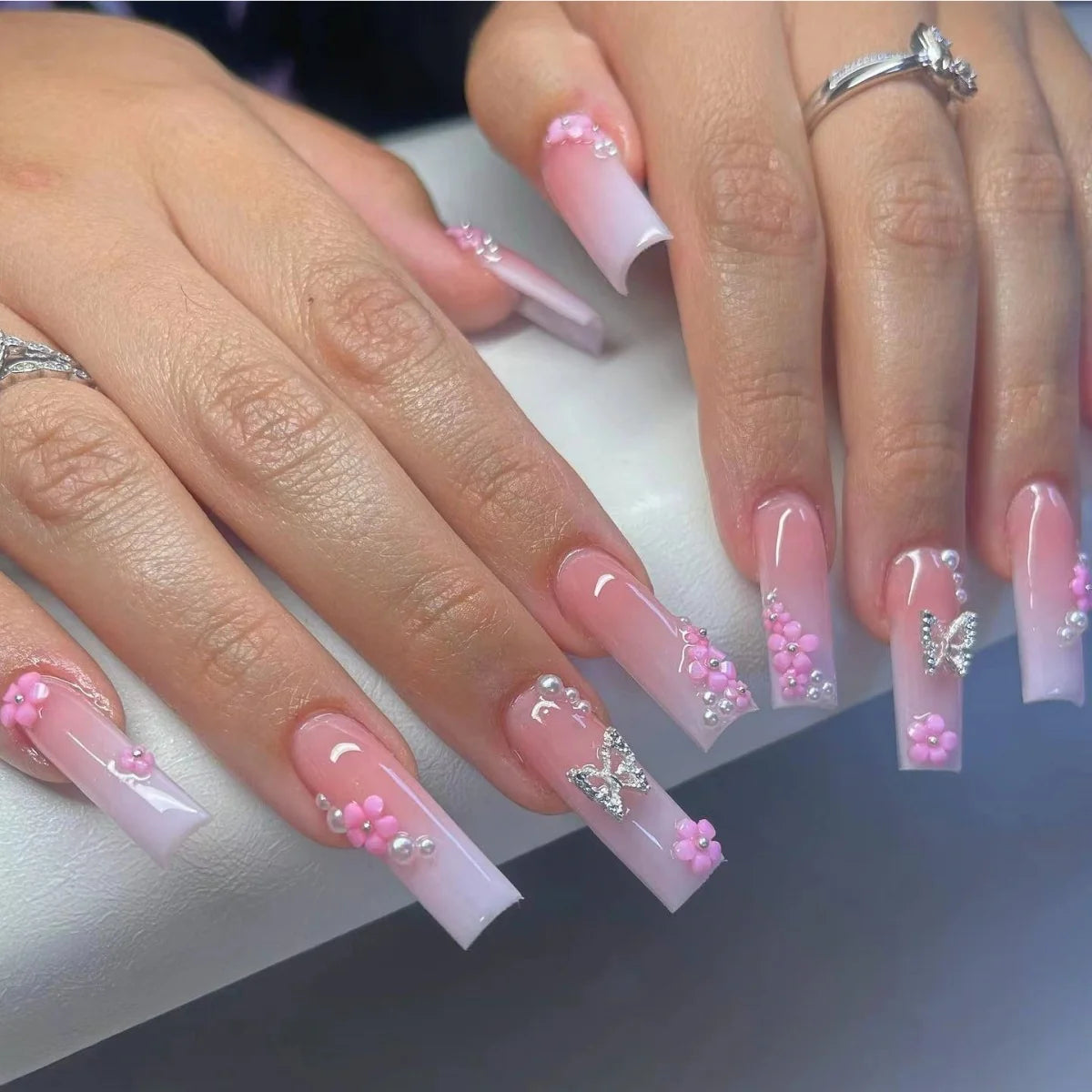 Acrylic Nail Extensions Butterfly Design & Rhinestones
