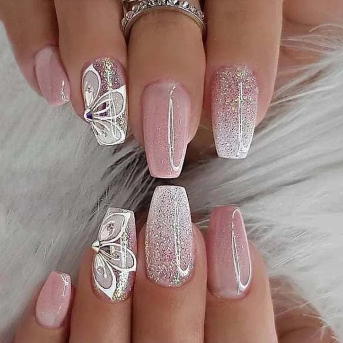 Acrylic Nail Extensions Butterfly Design & Rhinestones