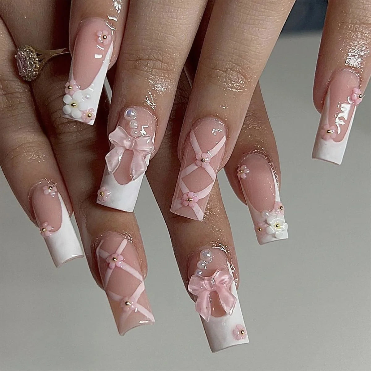 Acrylic Nail Extensions Butterfly Design & Rhinestones