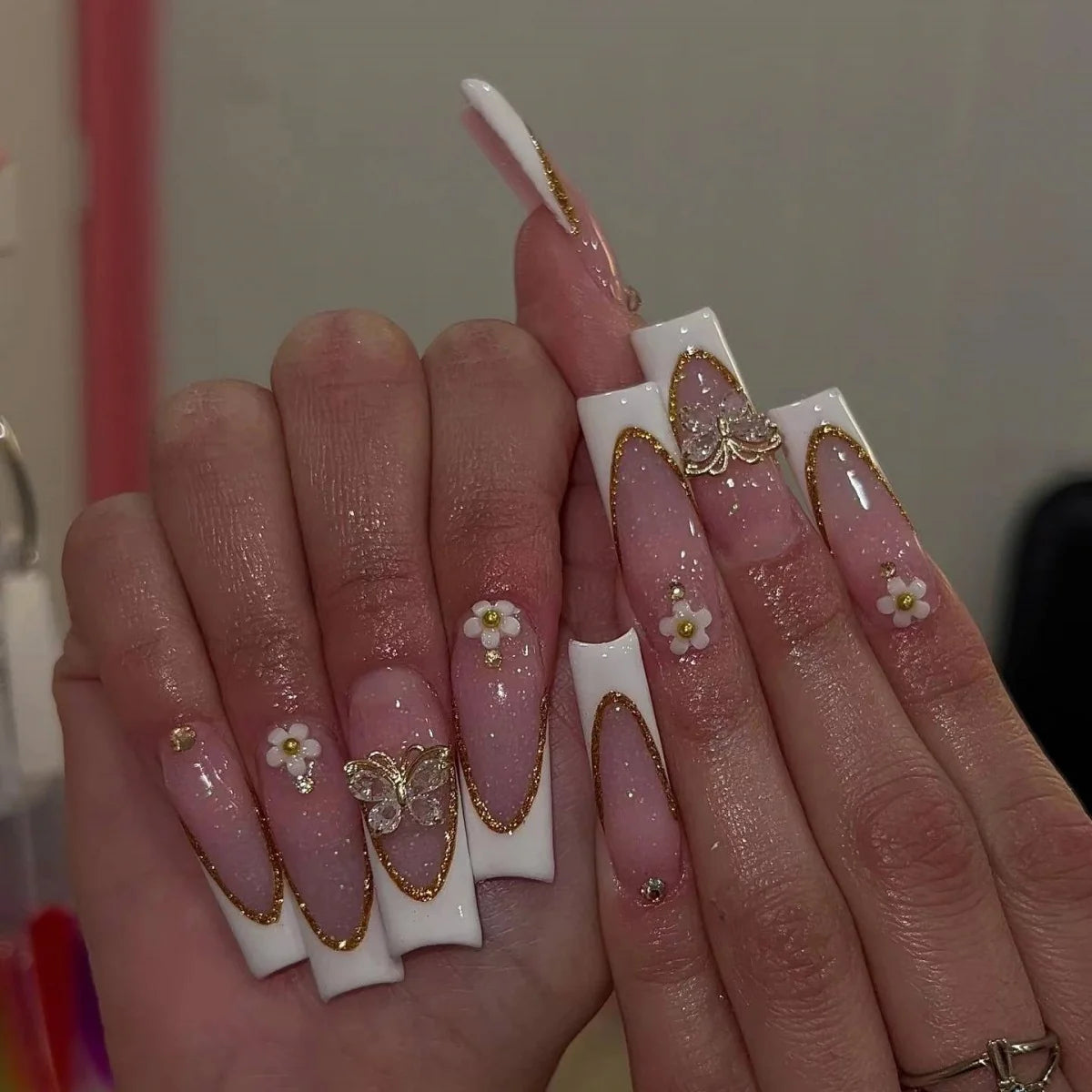 Acrylic Nail Extensions Butterfly Design & Rhinestones