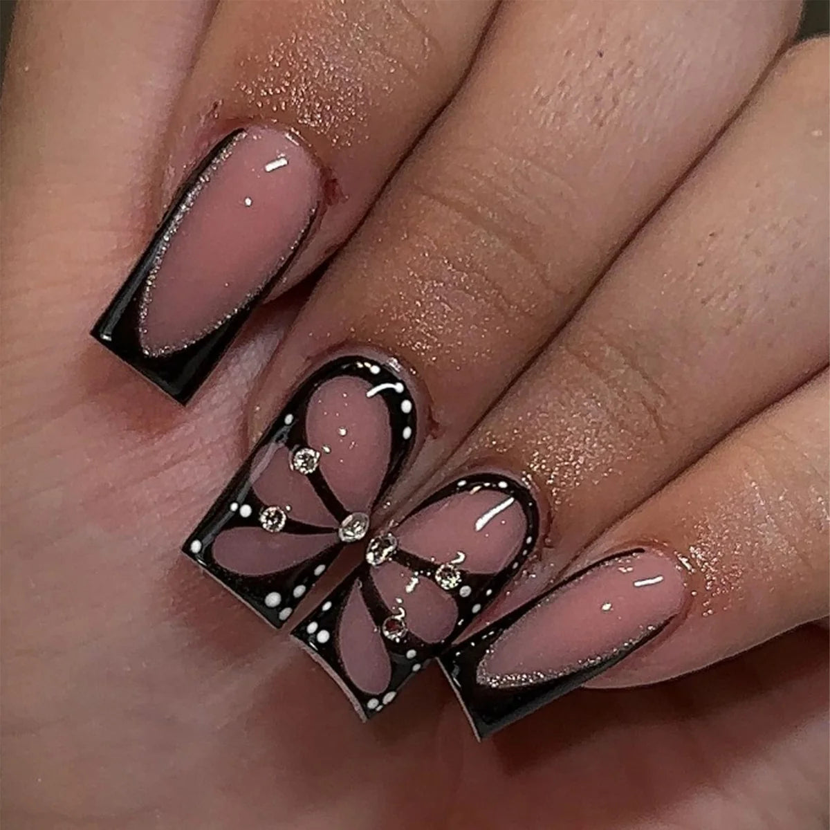 Acrylic Nail Extensions Butterfly Design & Rhinestones