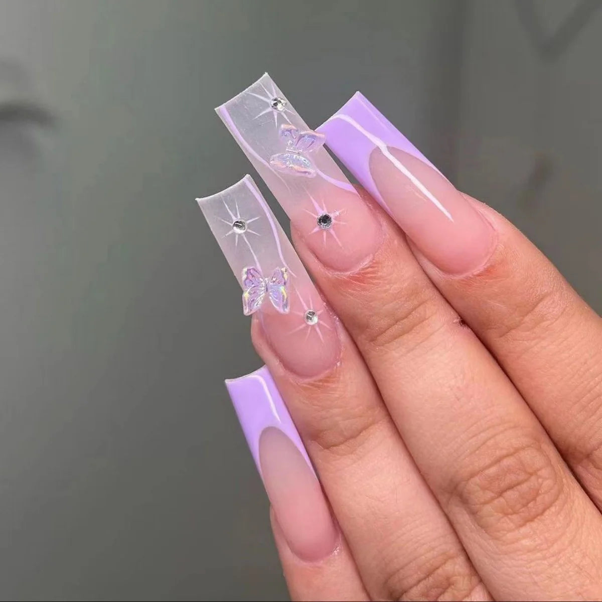 Acrylic Nail Extensions Butterfly Design & Rhinestones