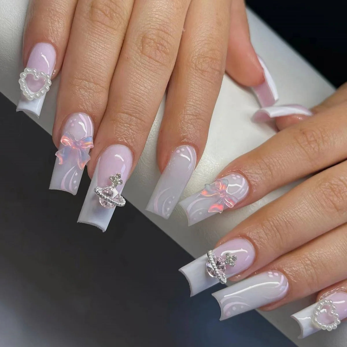 Acrylic Nail Extensions Butterfly Design & Rhinestones