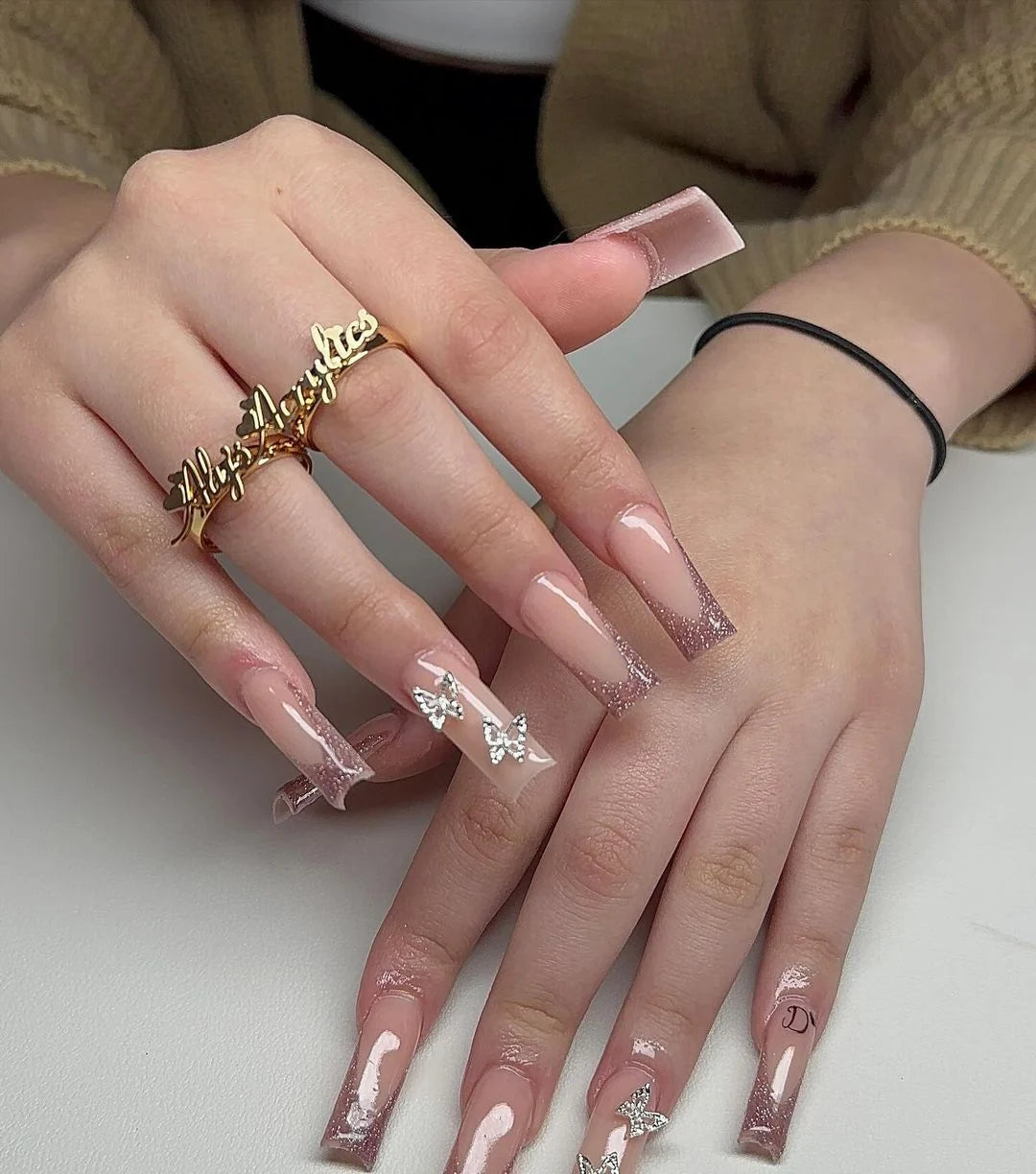 Acrylic Nail Extensions Butterfly Design & Rhinestones