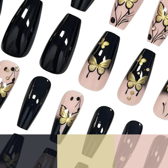 Acrylic Nail Extensions Butterfly & Gold Accents Lightweight