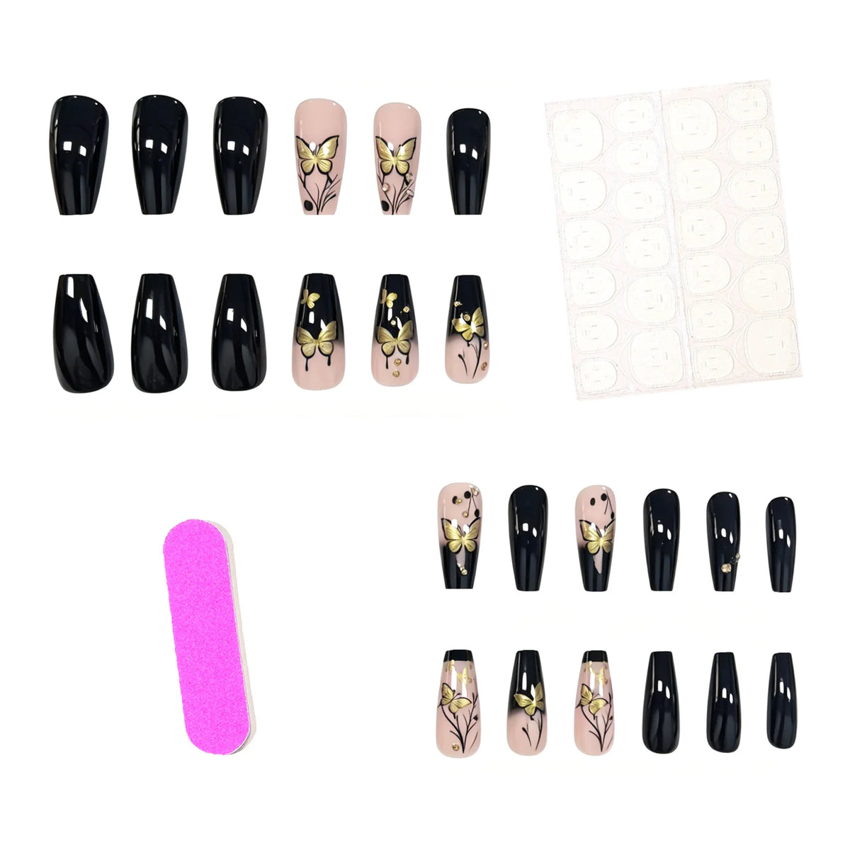 Acrylic Nail Extensions Butterfly & Gold Accents Lightweight