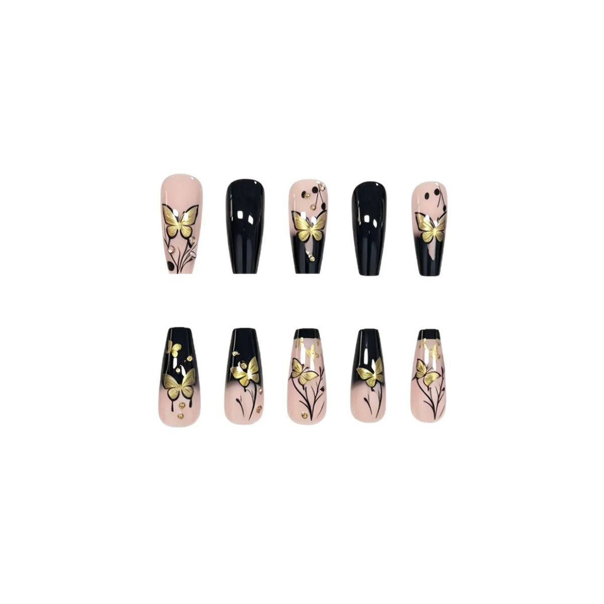 Acrylic Nail Extensions Butterfly & Gold Accents Lightweight