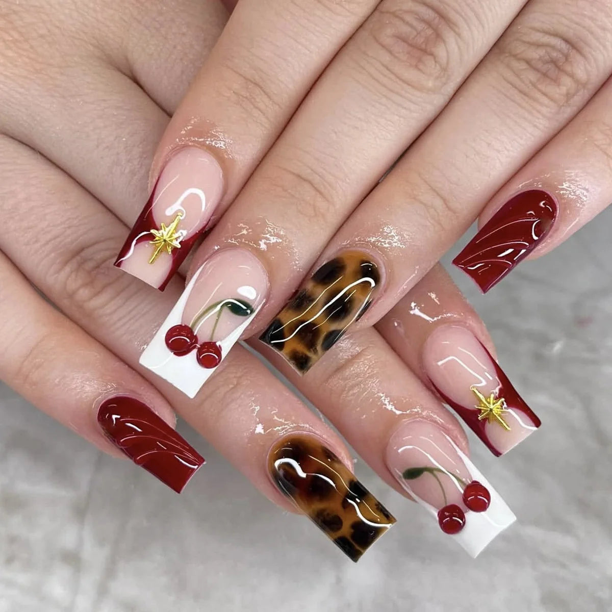 Acrylic Nail Extensions Cherry Accent & Glossy Finish