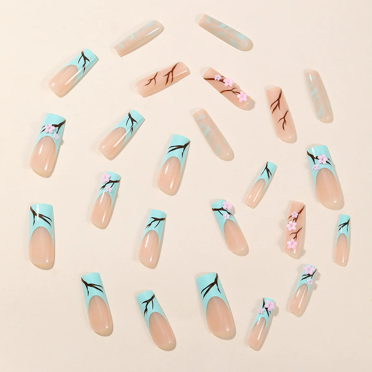 Acrylic Nail Extensions Floral Design Light Green