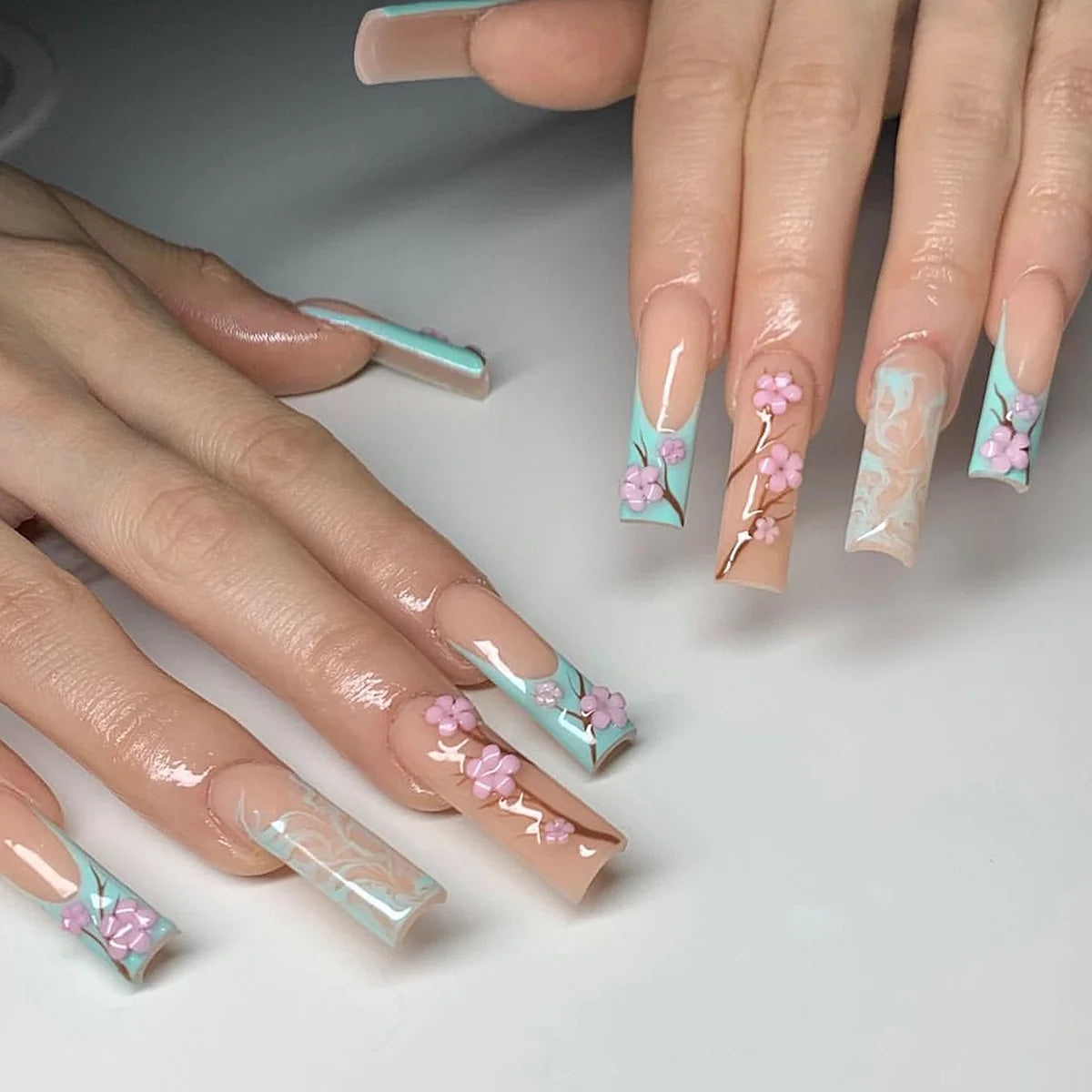 Acrylic Nail Extensions Floral Design Light Green