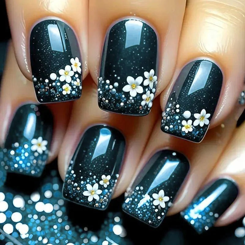 Acrylic Nail Extensions Floral Glitter Full Cover