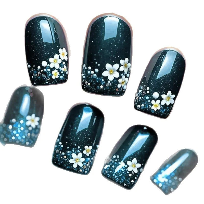 Acrylic Nail Extensions Floral Glitter Full Cover