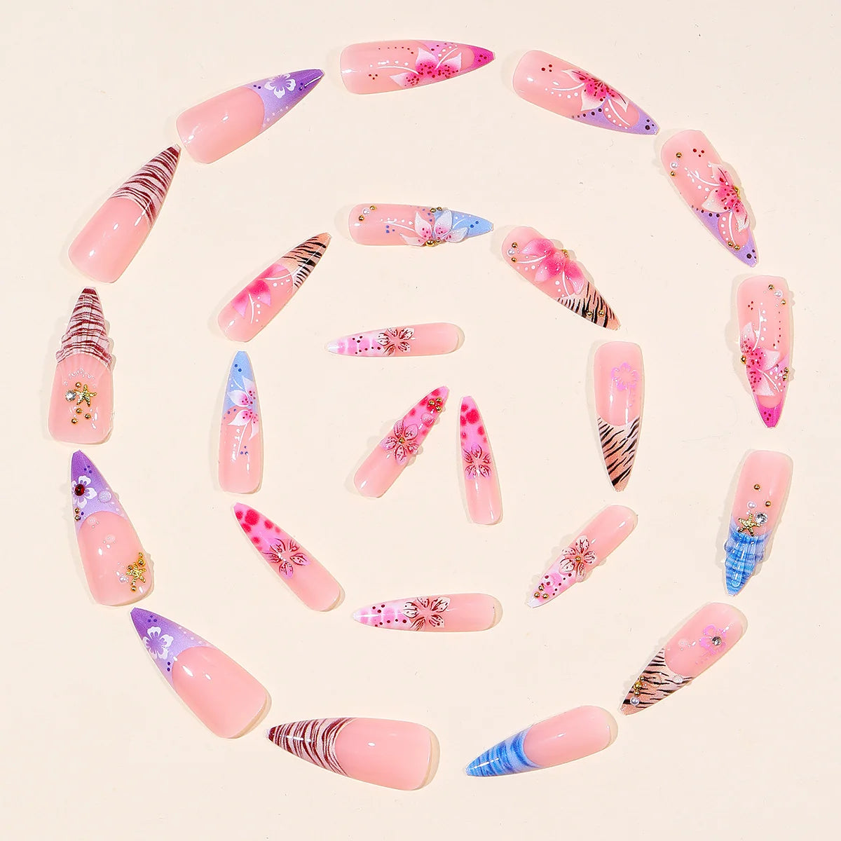 Acrylic Nail Extensions Floral Glossy Easy At-Home
