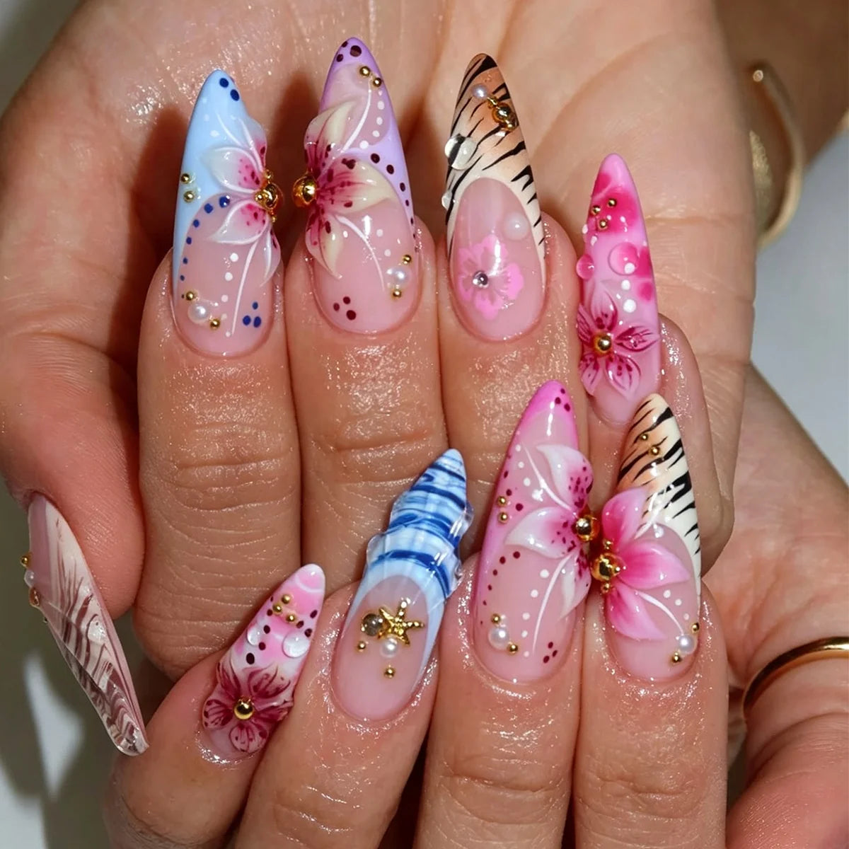 Acrylic Nail Extensions Floral Glossy Easy At-Home