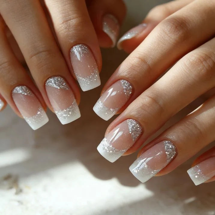 Acrylic Nail Extensions Glitter French Tip Set of 24