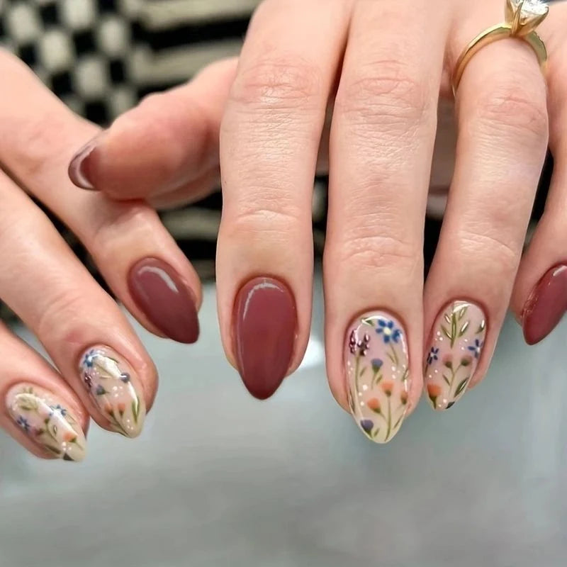 Acrylic Nail Extensions Hand-Painted Floral Full Coverage
