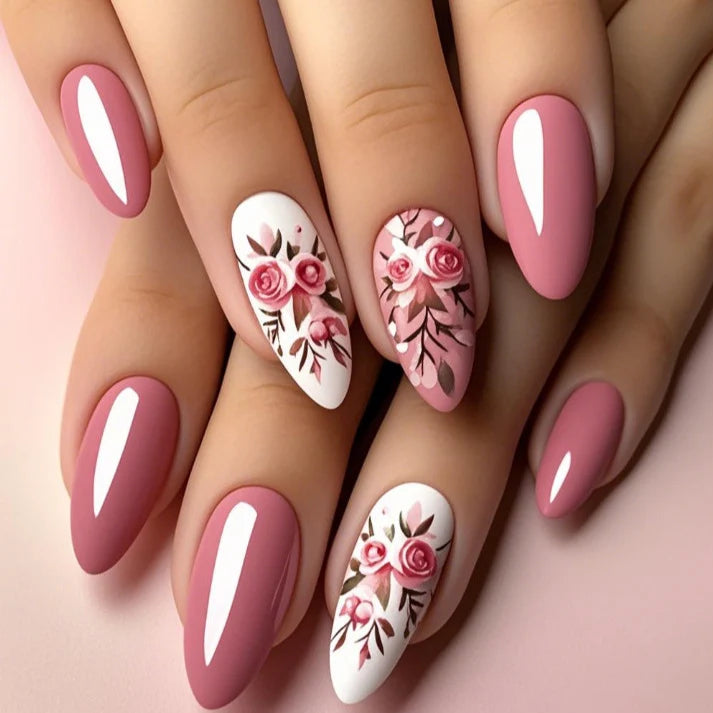 Acrylic Nail Extensions Hand-Painted Floral Full Coverage