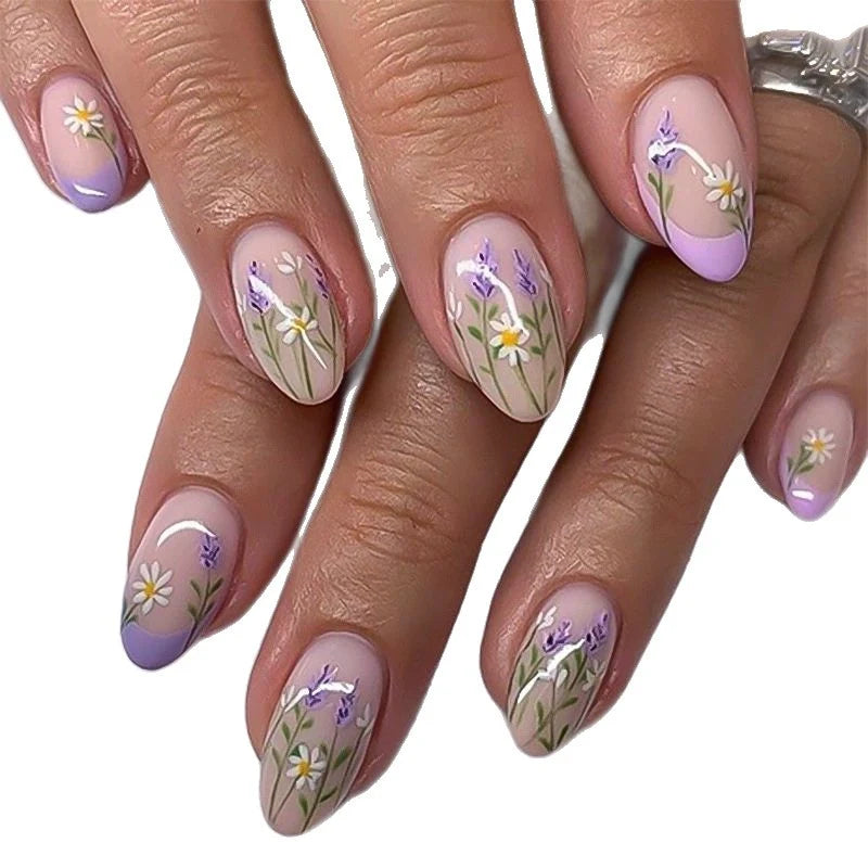 Acrylic Nail Extensions Hand-Painted Floral Full Coverage