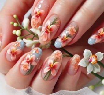 Acrylic Nail Extensions Hand-Painted Floral Full Coverage
