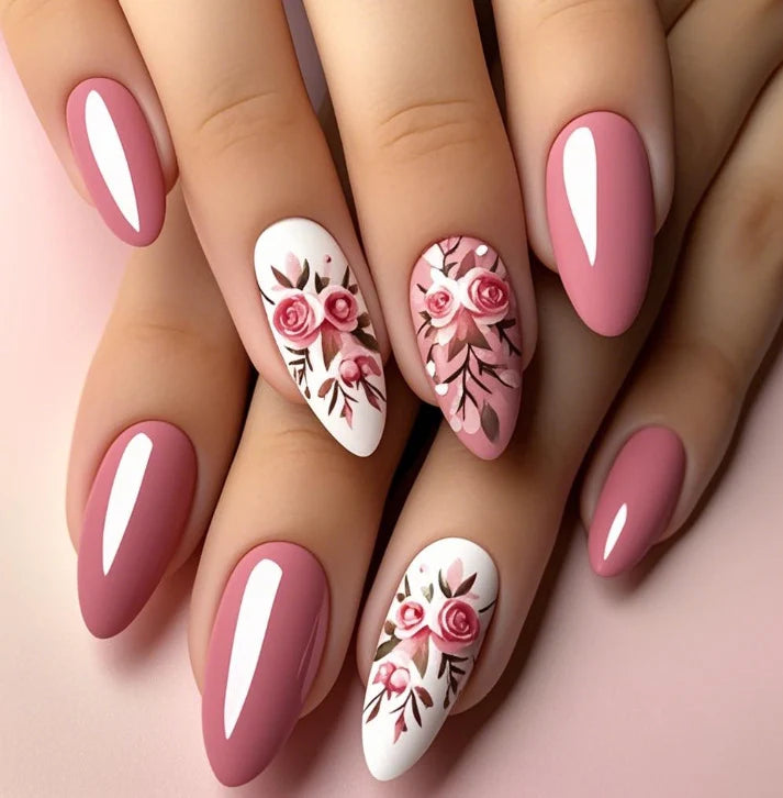 Acrylic Nail Extensions Hand-Painted Floral Full Coverage
