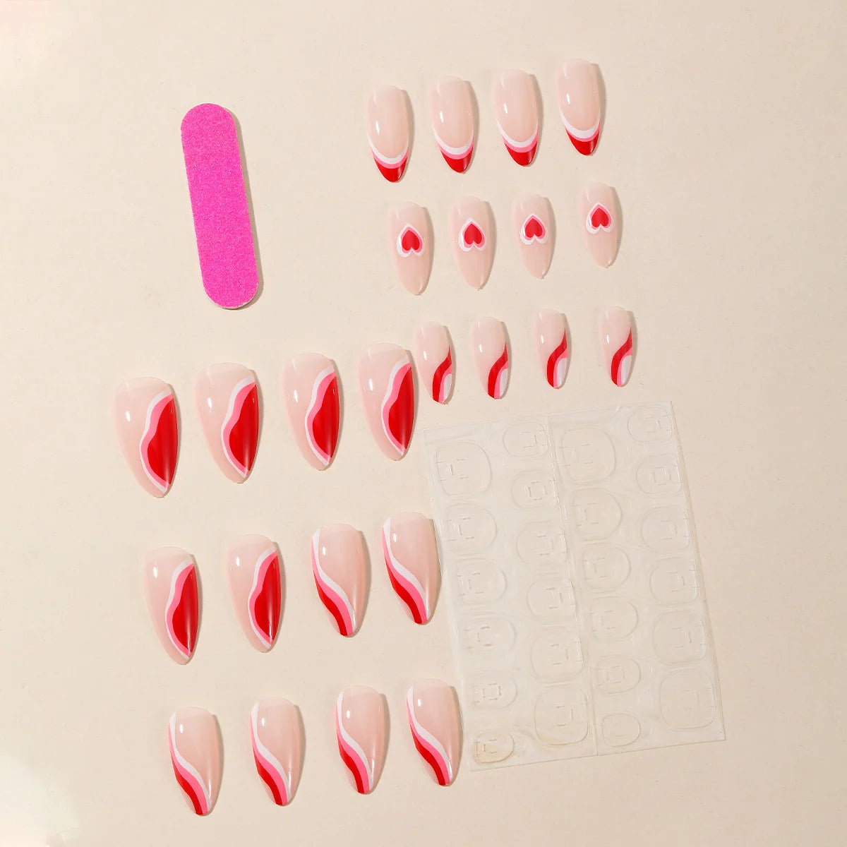 Acrylic Nail Extensions Heart-Pattern Pink Full-Cover