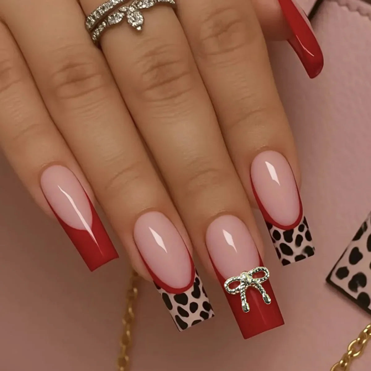 Acrylic Nail Extensions Leopard Print Red Tips