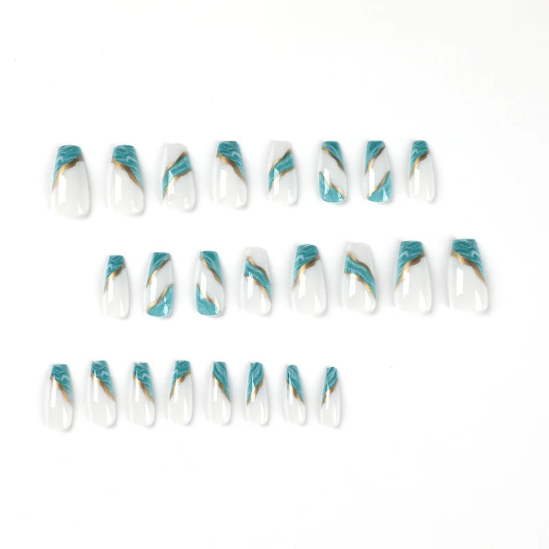 Acrylic Nail Extensions Marbled Teal & Gold Accents