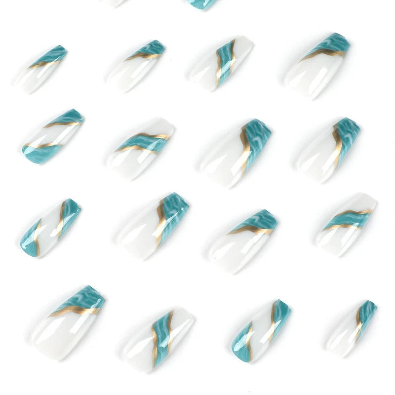 Acrylic Nail Extensions Marbled Teal & Gold Accents