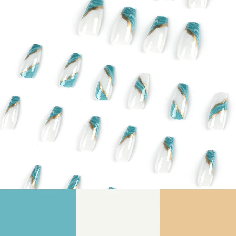 Acrylic Nail Extensions Marbled Teal & Gold Accents