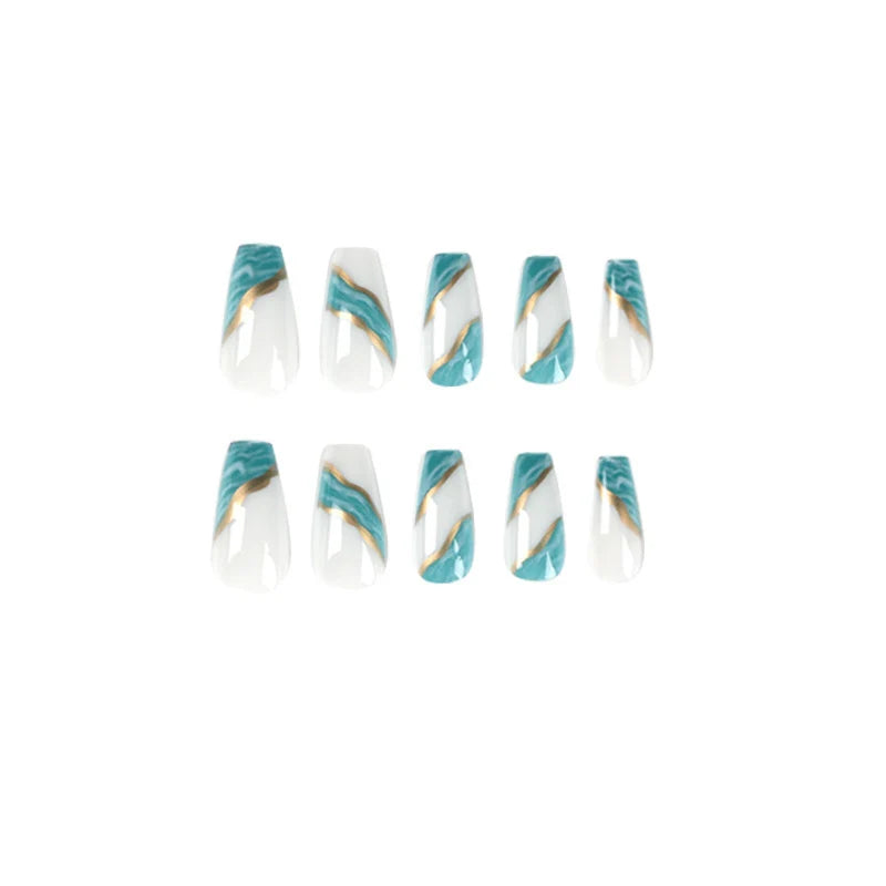Acrylic Nail Extensions Marbled Teal & Gold Accents