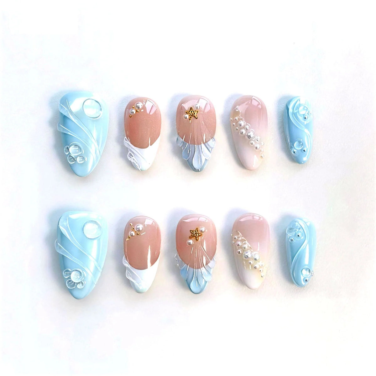 Acrylic Nail Extensions Pastel Pearl & Gold Accents