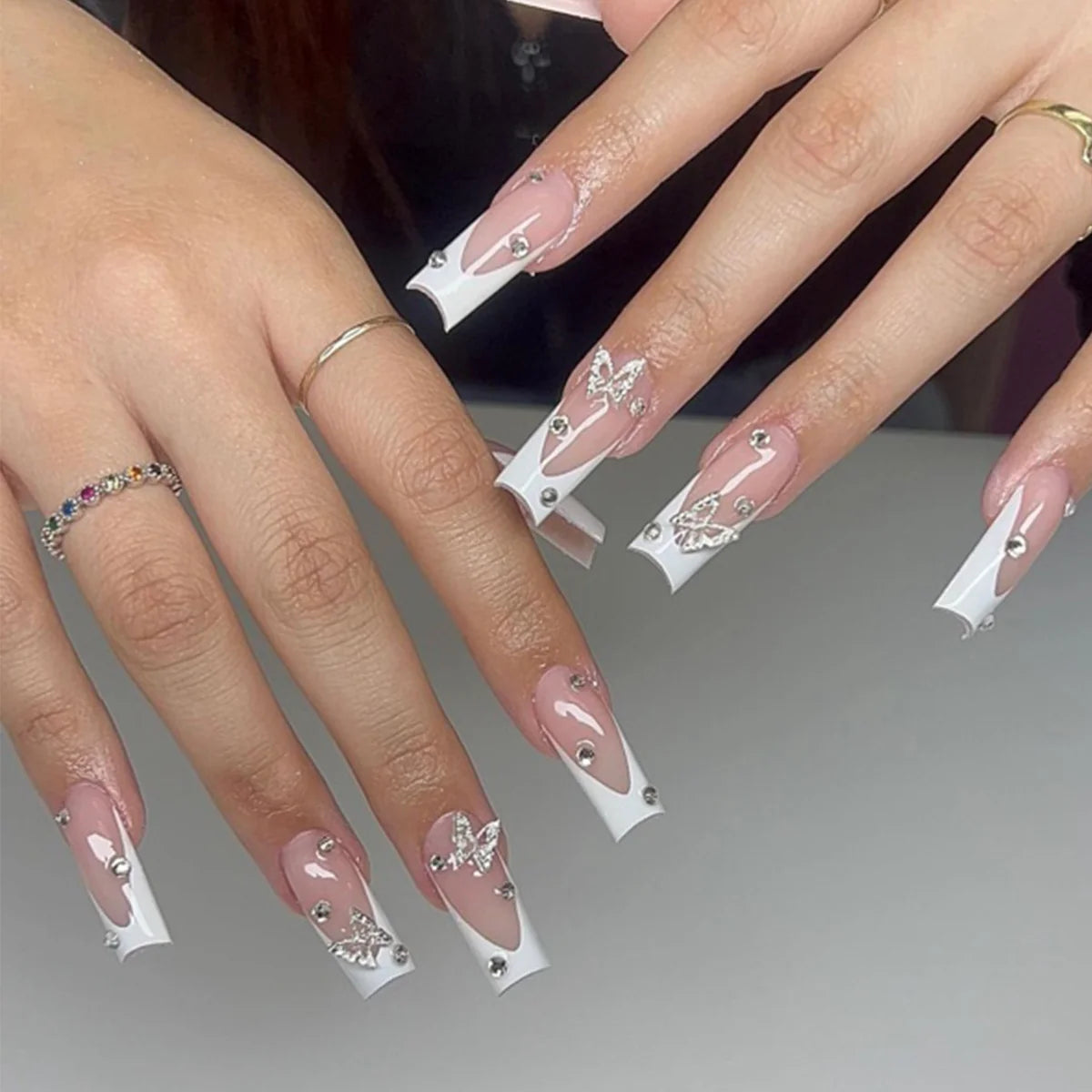 Acrylic Nail Extensions Stiletto Shape Rhinestone & Hand-Painted