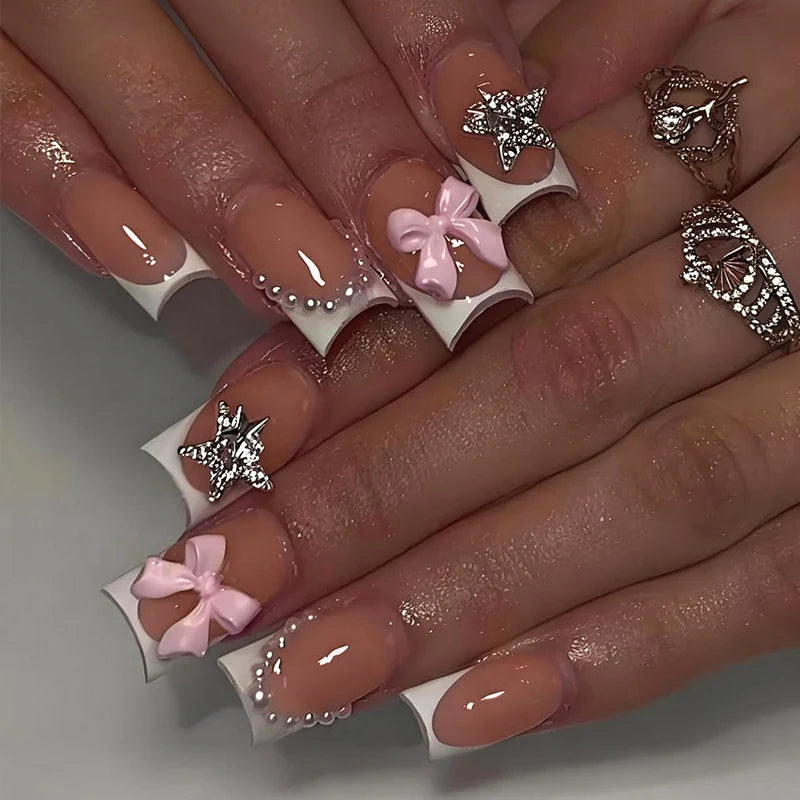Acrylic Nail Set 3D Flowers & Glitter