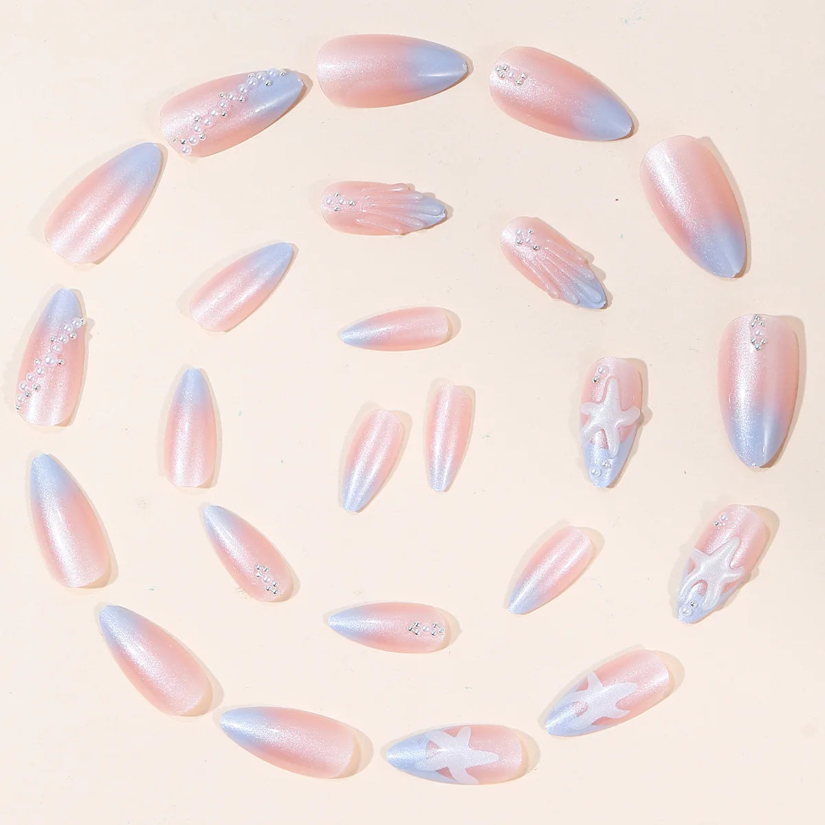 Acrylic Nail Set Beaded Floral Light Blue