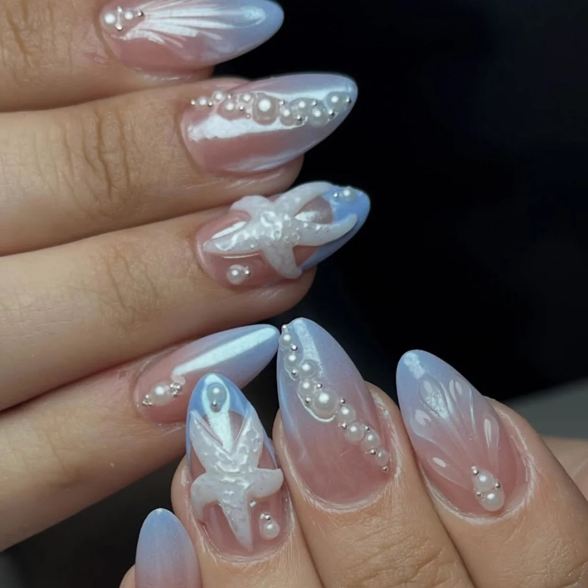 Acrylic Nail Set Beaded Floral Light Blue