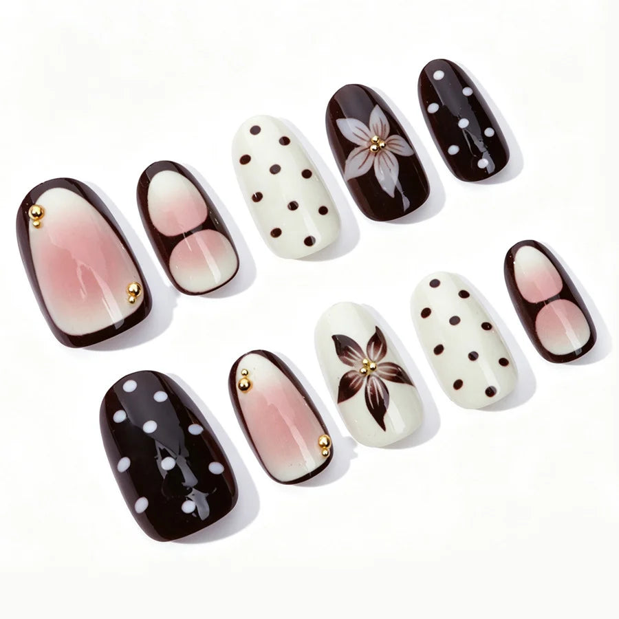 Acrylic Nail Set Floral Accents Multiple Sizes Easy Application