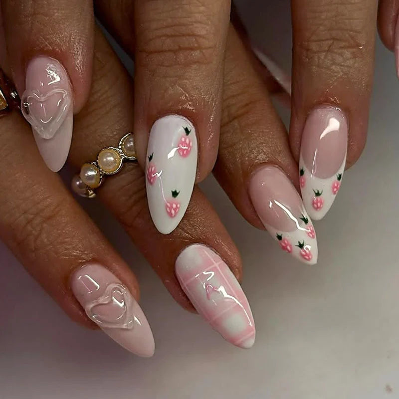 Acrylic Nail Set Floral Design Dark Red Easy Application